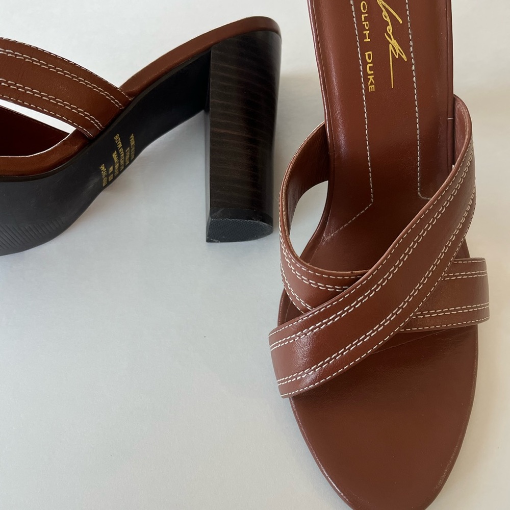 Randolph Duke Womens Brown Leather White Stitching Wood Heels 8.5 Slip On Boho